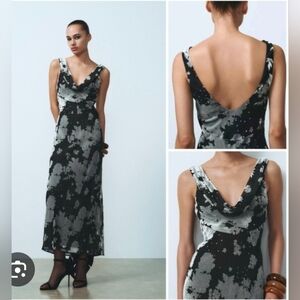 Zara Maxi Elegant Black and Gray Floral Dress Size S
